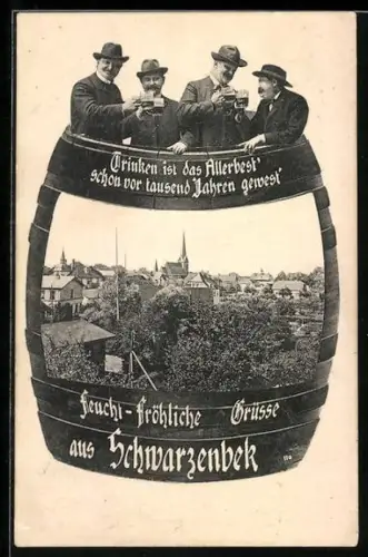 Grusskarten-AK Schwarzenbek, Ortsansicht im Fasspassepartout, Männer mit Bier