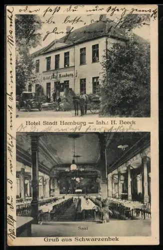 Foto-AK Schwarzenbek, Hotel Stadt Hamburg, Gebäudeansicht und Saal