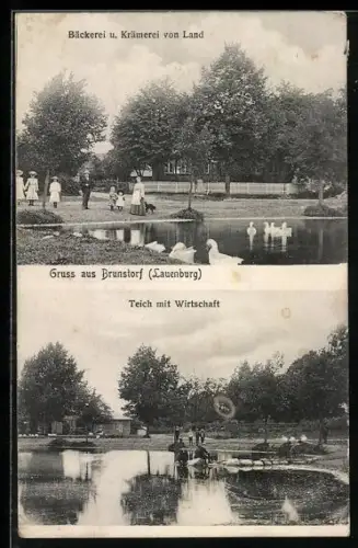 AK Brunstorf /Lauenburg, Bäckerei u. Krämerei von Land, Teich mit Gasthaus