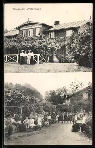 AK Lübeck, Gasthaus Waldhusen mit Besuchern