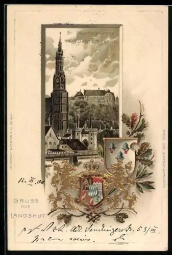 Passepartout-Lithographie Landshut, geprägtes Landeswappen, St. Martinskirche mit Burg Trausnitz
