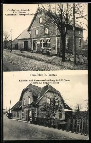 AK Hamfelde b. Trittau, Gasthof zur Schmiede, Inh. Karl Siempsen, Kolonialwarenhandlung von Rudolf Glunz