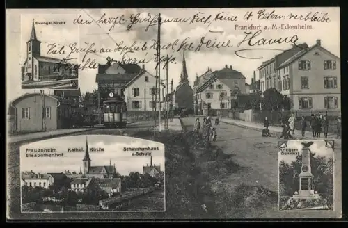 AK Frankfurt a. M.-Eckenheim, Strassenpartie, Kriegerdenkmal, Katholische und Evangelische Kirche sowie Elisabethenhof