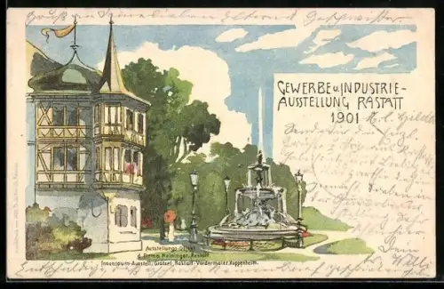 Künstler-AK Rastatt, Gewerbe- u. Industrie-Ausstellung 1901, Springbrunnen