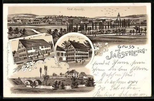 Lithographie Jagstheim, Totalansicht, Gasthaus zur Krone, Jakobsburg und Haus R. Bachmeyer