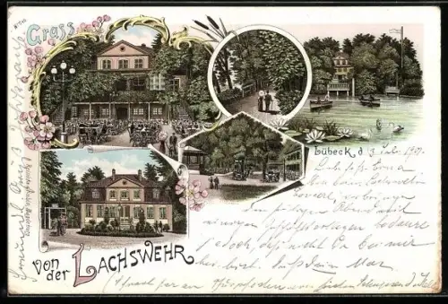 Lithographie Lübeck, Verschiedene Ansichten des Gasthauses Lachswehr, darunter am See und Gästebereich
