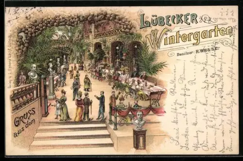Lithographie Lübeck, Gäste im Restaurant Wintergarten