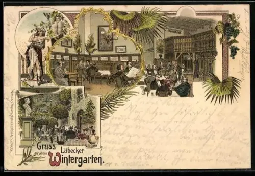 Lithographie Lübeck, Verschiedene Partien im Wintergarten mit attraktiver Frau und
