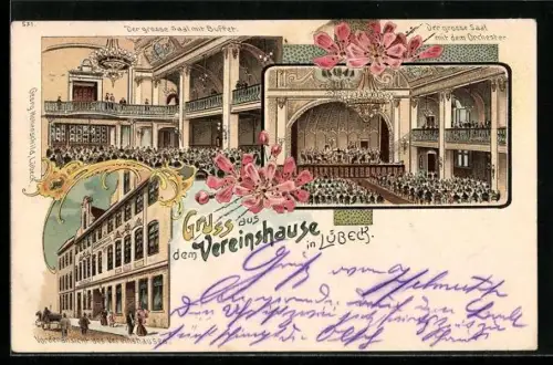 Lithographie Lübeck, Grosser Saal mit Orchester und Buffet im Vereinshaus
