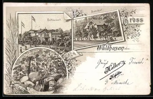 Lithographie Lübeck, Restaurant Waldhusen, Partie am Bahnhof, Hünengrab