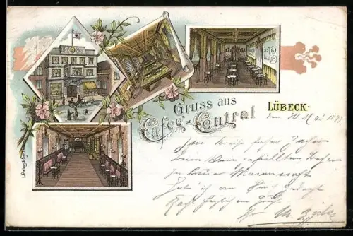 Lithographie Lübeck, Innen- und Aussenansicht des Café-Central mit Billardtischen