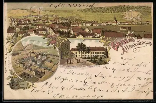 Lithographie Allmendingen, Zement-Werk, Schloss, Ortsansicht mit Bahnstrecke