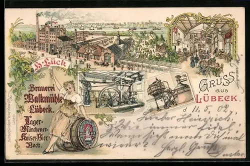 Lithographie Lübeck, Brauerei Walkmühle, Aussen- und Innenansicht, Frau mit Bierglas