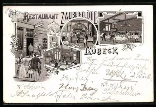 Lithographie Lübeck, Restaurant Zauberflöte, Aussen- und Innenansicht, Speisesaal