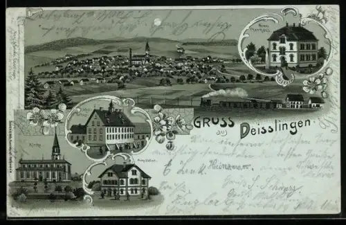 Mondschein-Lithographie Deisslingen, Schul- und Rathaus, Neues Pfarrhaus, Kirche, Pumpstation