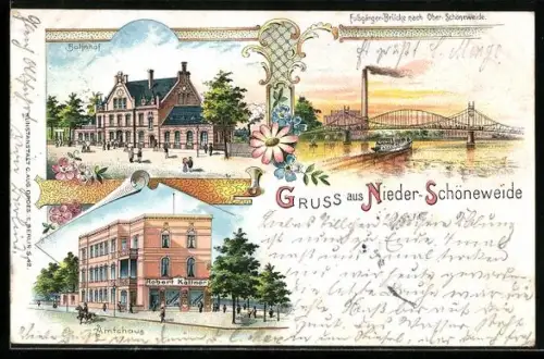 Lithographie Berlin-Niederschöneweide, Amtshaus, Bahnhof, Kaisersteg nach Oberschöneweide