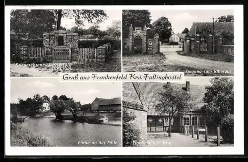 AK Frankenfeld /Krs. Fallingbostel, Gasthaus Frankenfelder Krug, Eingang zum Rittergut, Kriegerehrenmal 1914-18 1939-45