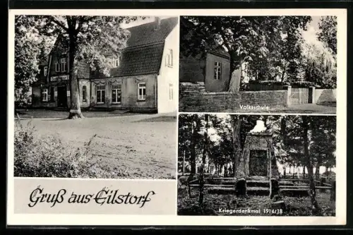 AK Eilstorf, Gasthaus und Pension W. Meyer, Volksschule, Kriegerdenkmal 1914-18