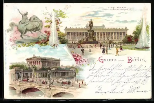 Lithographie Berlin, Denkmal Friedrich-Wilhelm, Königliches Museum und Nationalgalerie