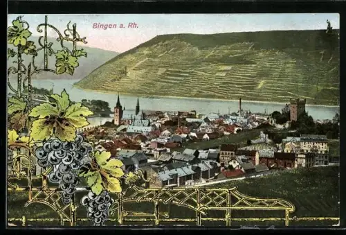 AK Bingen am Rhein, Totalansicht mit Flusspartie