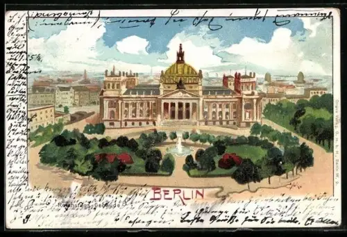 Lithographie Berlin-Tiergarten, Reichstags-Gebäude, Parkanlage