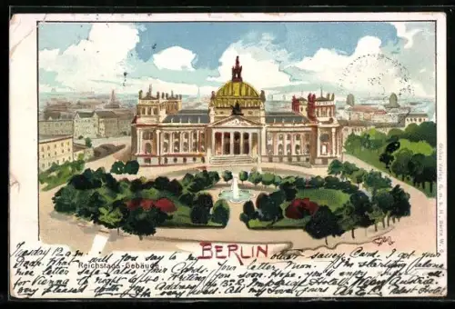 Lithographie Berlin-Tiergarten, Reichstags-Gebäude, Parkanlage