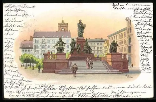 Lithographie Berlin, Neuer Markt mit dem Lutherdenkmal