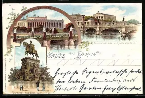 Lithographie Berlin, Museum und Schlossbrücke, Friedrichsbrücke und Nationalgalerie, Denkmal Friedrich der Grosse