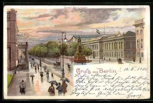 Lithographie Berlin, Unter den Linden im Abendlicht bei Regen