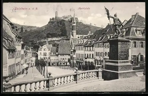 AK Weinheim a. d. B., Marktplatz mit Blick zur Burgruine