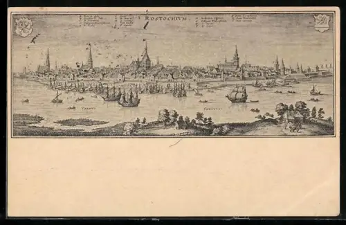 Künstler-AK Rostock, Teilansicht mit Kirche