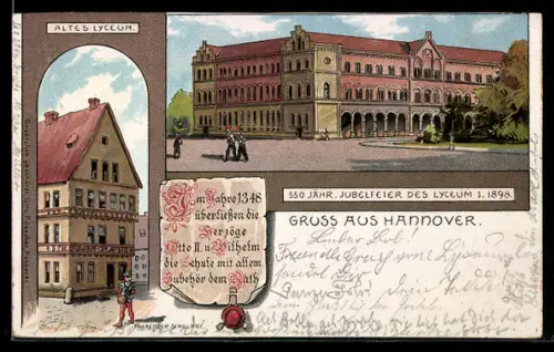 Lithographie Hannover, Altes Lyceum, Fahrender Scholare