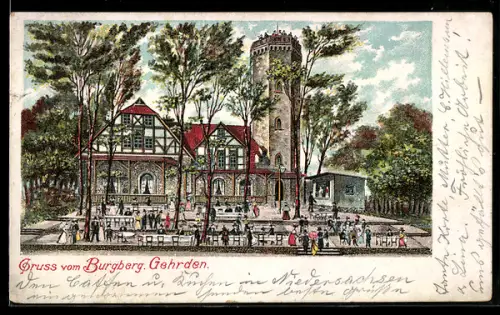 Lithographie Gehrden, Partie am Burgberg mit Restaurant