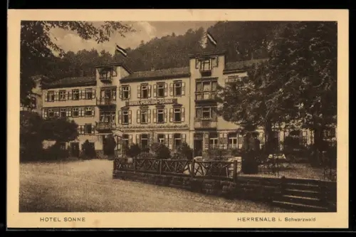 AK Herrenalb i. Schwarzwald, Partie beim Hotel Sonne mit Parkanlagen