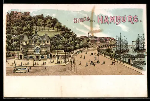 Lithographie Hamburg, Strassenbahn am St. Pauli-Fährhaus