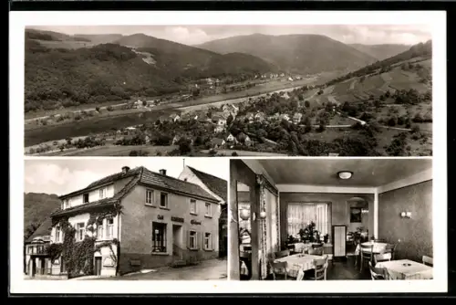 AK Pleutersbach b. Eberbach, Panorama des Ortes und Innen- und Aussenansicht des Café Schneider