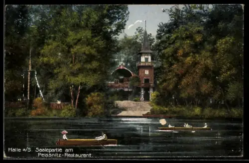 AK Halle a. S., Saalepartie am Peissnitz-Restaurant mit Ruderbooten