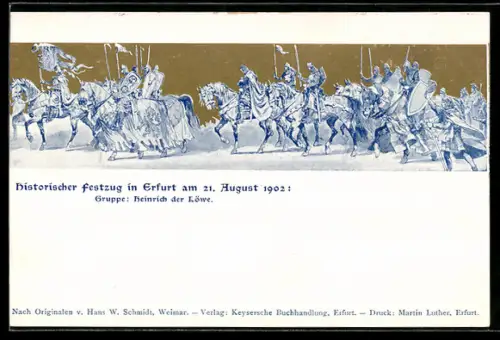 AK Erfurt, Ritter auf Pferden zum historischen Festzug am 21. August 1902, Gruppe Heinrich der Löwe
