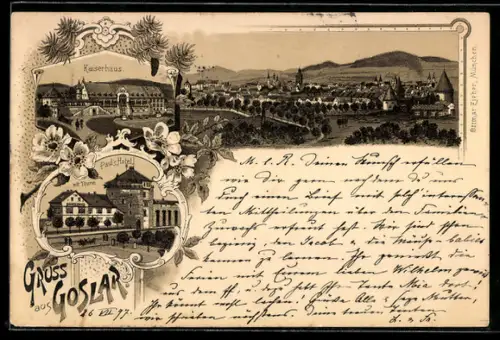 Lithographie Goslar, Ortsansicht mit Kaiserhaus, Paul`s Hotel