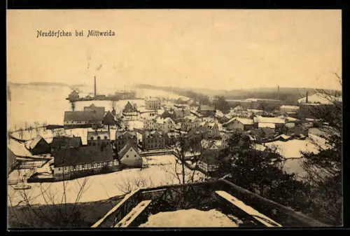 AK Neudörfchen bei Mittweida, Totalansicht des schneebedeckten Ortes