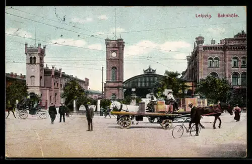 AK Leipzig, Pferdekutschen vor den Bahnhöfen