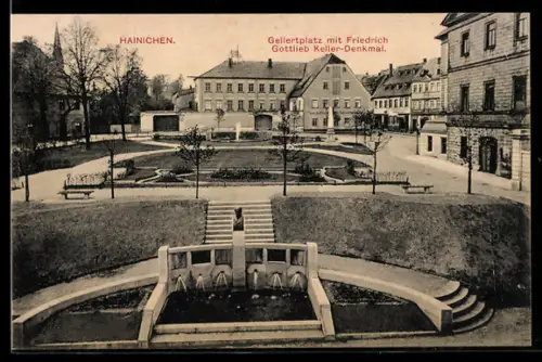AK Hainichen, Strassenpartie Gellertplatz mit Friedrich Gottlieb Keller-Denkmal