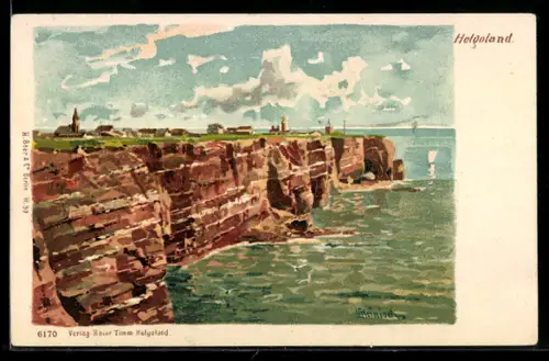 Künstler-AK Karl Heinisch: Helgoland, Blick auf die Insel