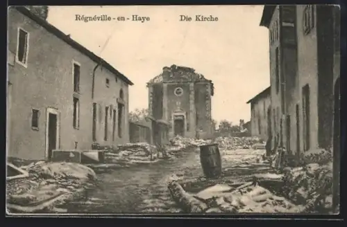 AK Régnéville-en-Haye, Blick zur zerstörten Kirche