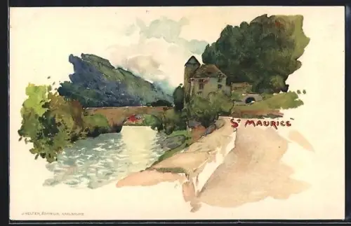 AK St. Maurice, Panorama mit Brücke