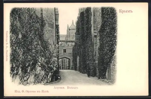 AK Aloupka, Ortspartie mit bewachsenen Wänden