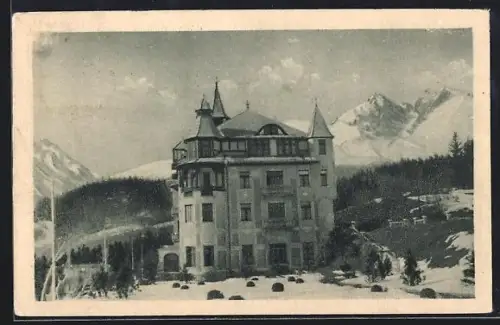 AK Tatra-Lomnitz, Hotel Praha mit der Lomnitzer und Schlagendorferspitze