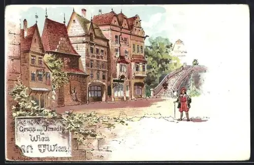 Künstler-AK Wien, Gebäudeansicht und Brücke im Wiener Venedig