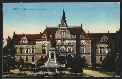 AK Brünn / Brno, Deutsches Haus mit Denkmal