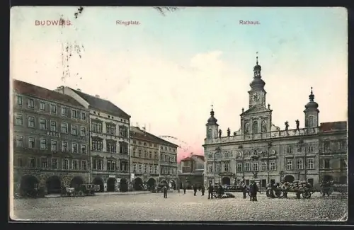 AK Budweis, Ringplatz mit Rathaus und Hotel